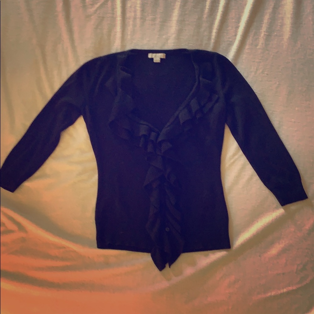 V-neck ruffle button down sweater